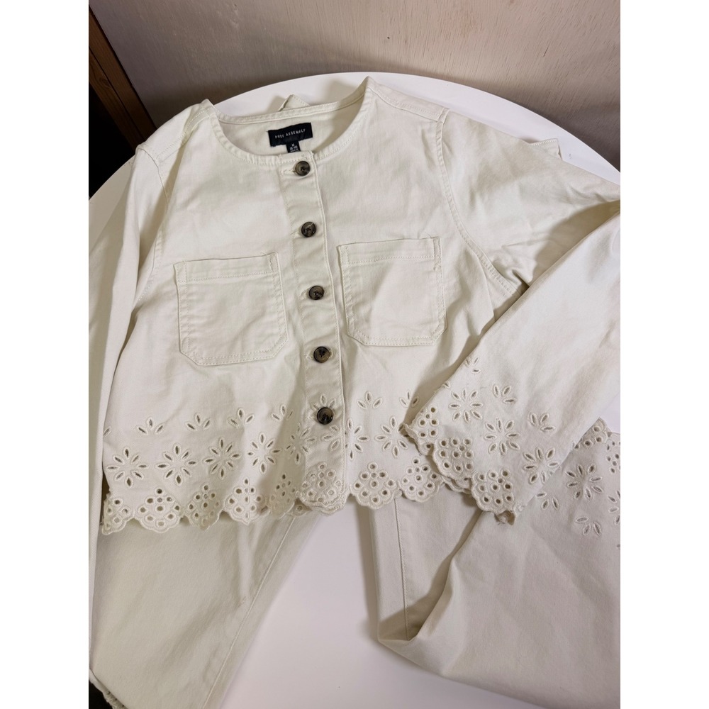 Denim Jacket‎ & Pants Set Women M/4 Off-White NWOT Eyelet Hem